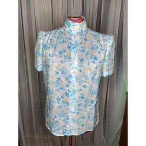 Blouse High neck watercolor floral 1980s  blue yellow
